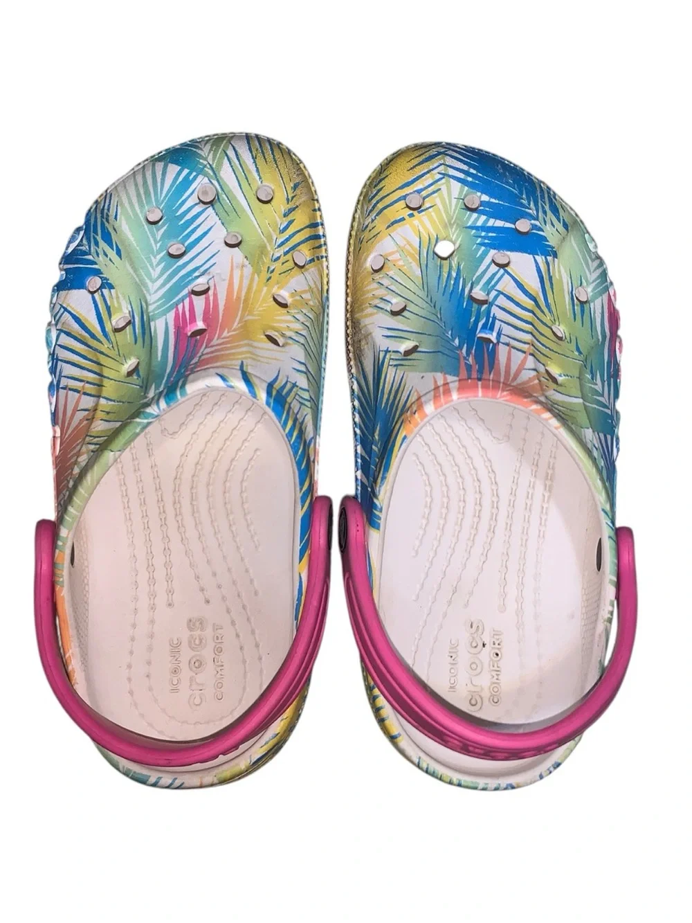 CROCS Kids Tropical Palm Print Clog Pink, Blue, Yellow Girls Size J2